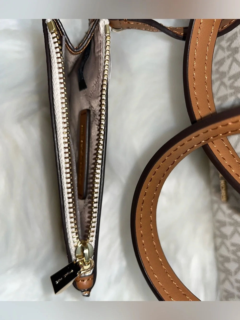 Michael Kors Beige MK Monogram Tote with Brown Trim and Straps